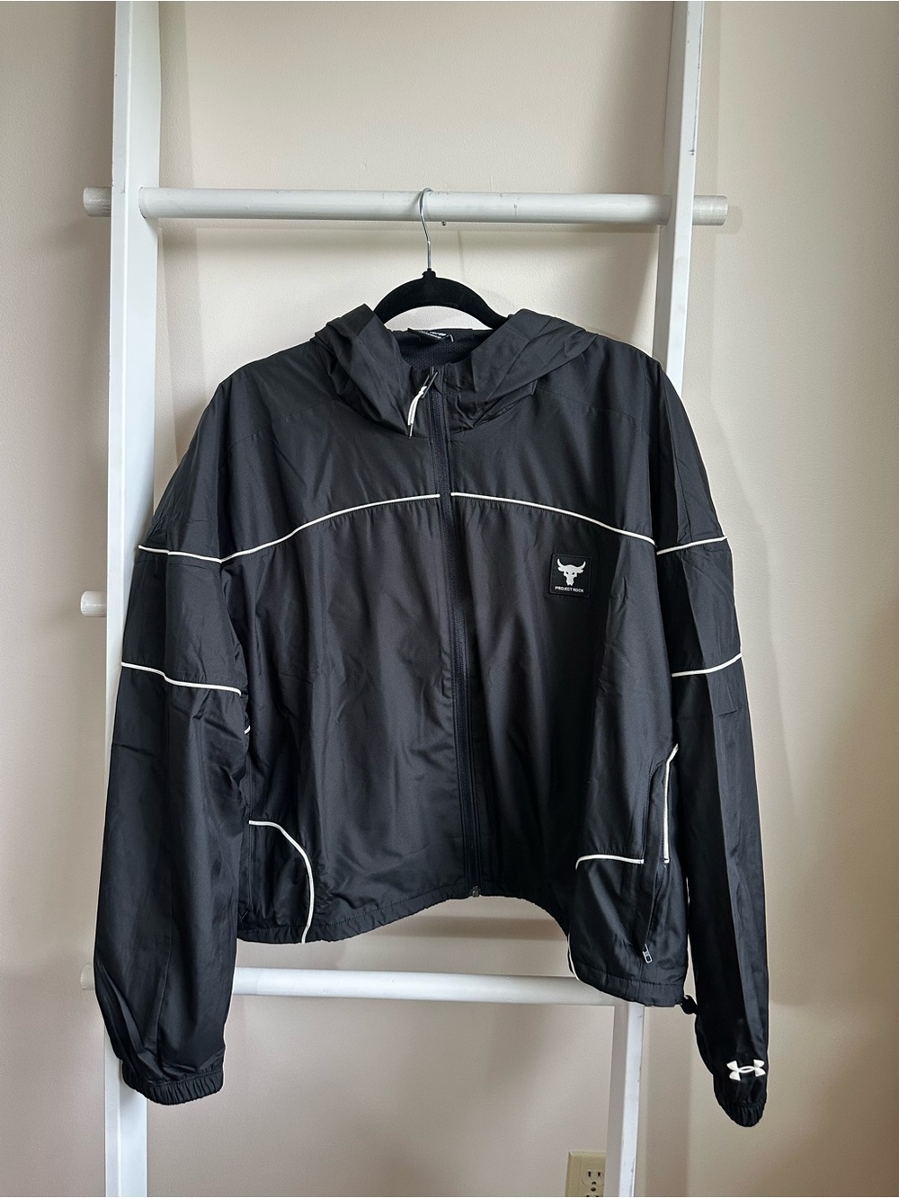Under Armour Black Hooded Bomber Jacket with White Piping